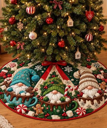 Hot Cocoa Gnomes Tree Skirt — Cozy Handmade Holiday Quilted Skirt With Hot Cocoa Theme, Durable Fabric, Custom-Made & Gift-Ready