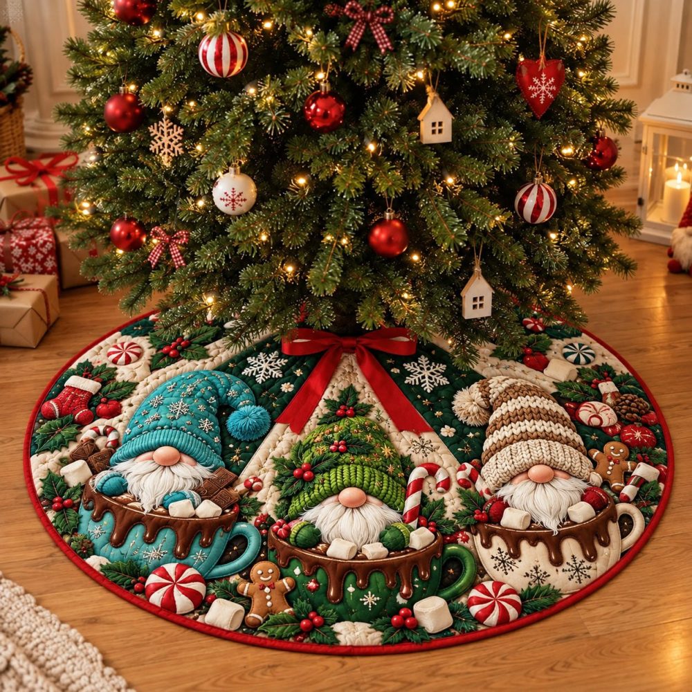 Hot Cocoa Gnomes Tree Skirt — Cozy Handmade Holiday Quilted Skirt With Hot Cocoa Theme, Durable Fabric, Custom-Made & Gift-Ready