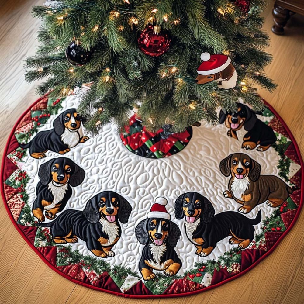 Hot Dog Harmony Custom Tree Skirt — Adorable Hot Dog & Sausage Dog Design, Soft Felt Backing, Personalized Options & Fast Shipping