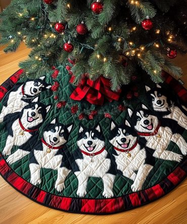 Howling Holiday Huskies Tree Skirt — Handcrafted Christmas Skirt Featuring Howling Husky Scene, Thick Padding & Personalization Available