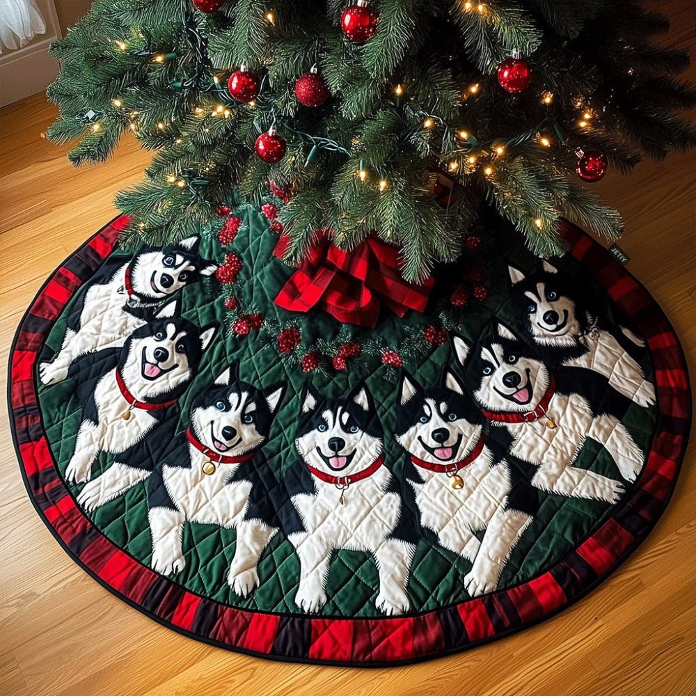 Howling Holiday Huskies Tree Skirt — Handcrafted Christmas Skirt Featuring Howling Husky Scene, Thick Padding & Personalization Available