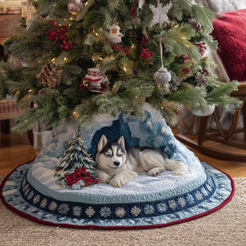 Husky Arctic Eve Tree Skirt — Elegant Arctic-Themed Christmas Skirt With Frosty Accents, Custom Sizes & Premium Materials, Made To Order