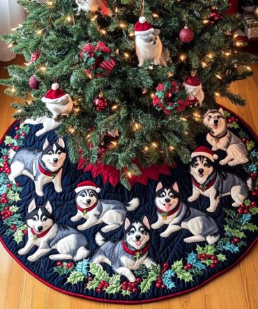 Husky Charm Custom Tree Skirt — Stylish Christmas Skirt With Embroidered Husky Medallions, Soft Fleece Backing & Secure Closures