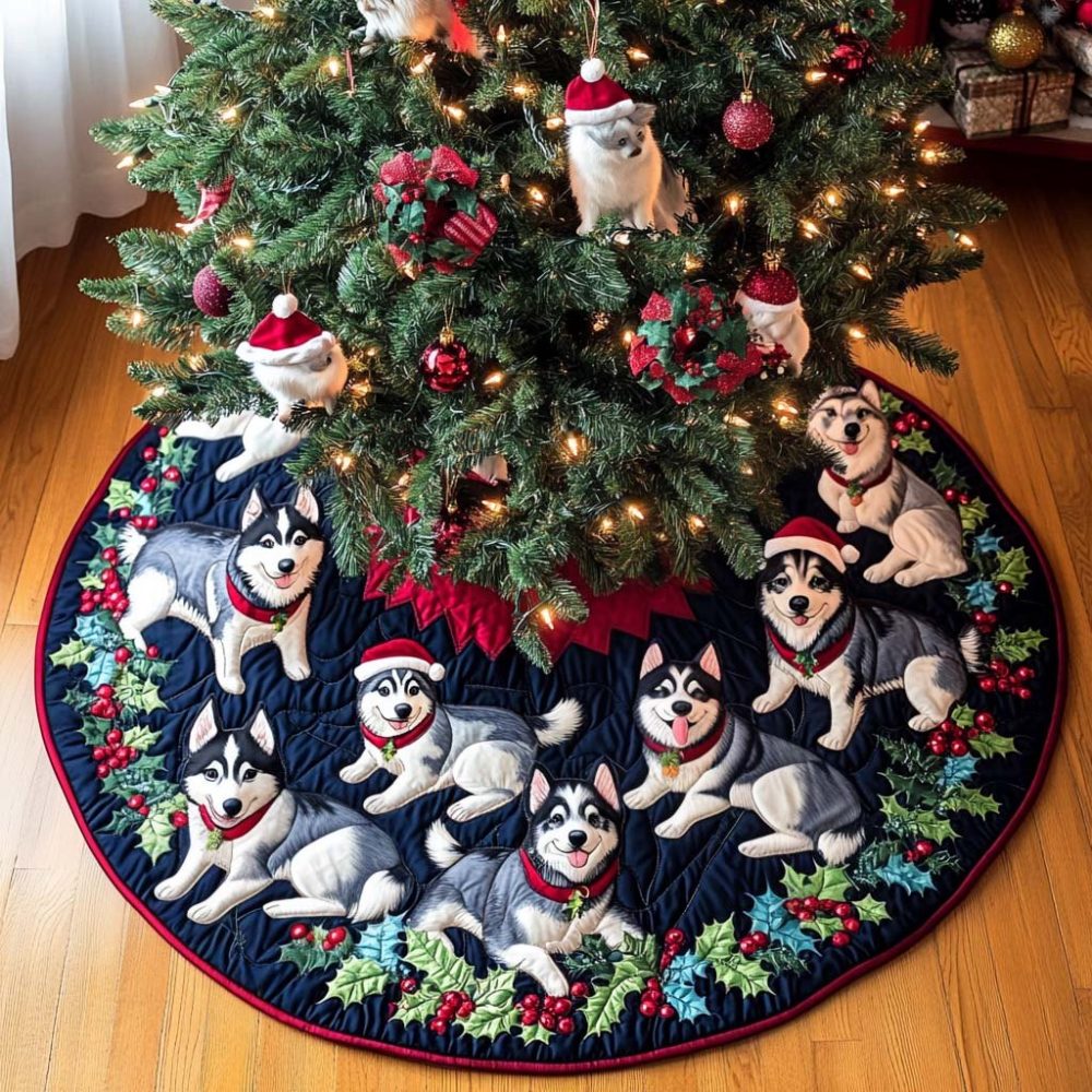 Husky Charm Custom Tree Skirt — Stylish Christmas Skirt With Embroidered Husky Medallions, Soft Fleece Backing & Secure Closures
