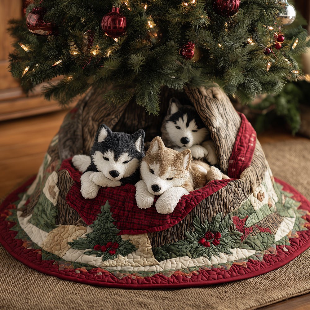 Husky Hearth Spirit Tree Skirt — Cozy Custom Christmas Skirt With Winter Husky Motif, Thick Insulating Layer, Tailored To Order