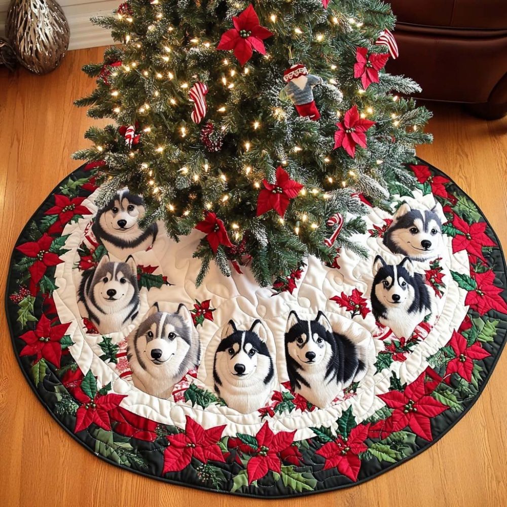 Husky Howl Holiday Tree Skirt — Custom Made Tree Skirt With Howling Husky Silhouette, Soft Backing & Fast Shipping
