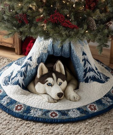 Husky In Snowfall Christmas Tree Skirt - Custom Siberian Husky Holiday Tree Base, Scenic Snow Scene, Plush Velvet, Dog Lover Gift