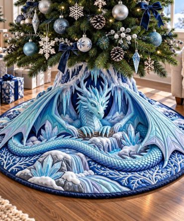 Ice Crystal Dragon Christmas Tree Skirt - Custom Fantasy Holiday Decor, Frosted Embroidery & Premium Velvet Finish