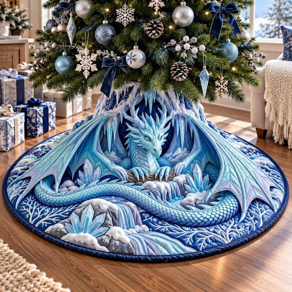 Ice Crystal Dragon Christmas Tree Skirt - Custom Fantasy Holiday Decor, Frosted Embroidery & Premium Velvet Finish