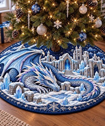 Ice Kingdom Dragon Christmas Tree Skirt — Icy Embroidery & Cool Hues, Custom Handmade Holiday Tree Skirt For Elegant Winter Decor