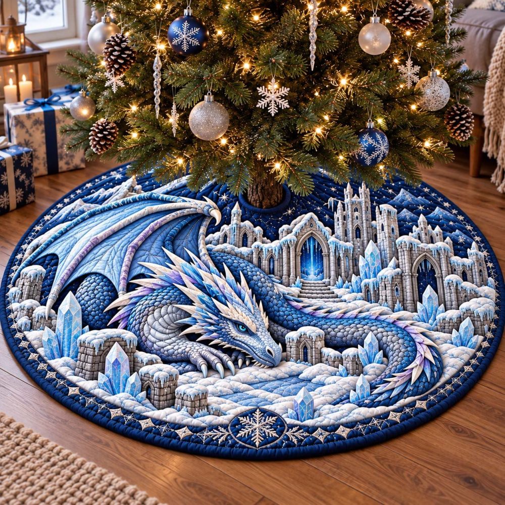 Ice Kingdom Dragon Christmas Tree Skirt — Icy Embroidery & Cool Hues, Custom Handmade Holiday Tree Skirt For Elegant Winter Decor