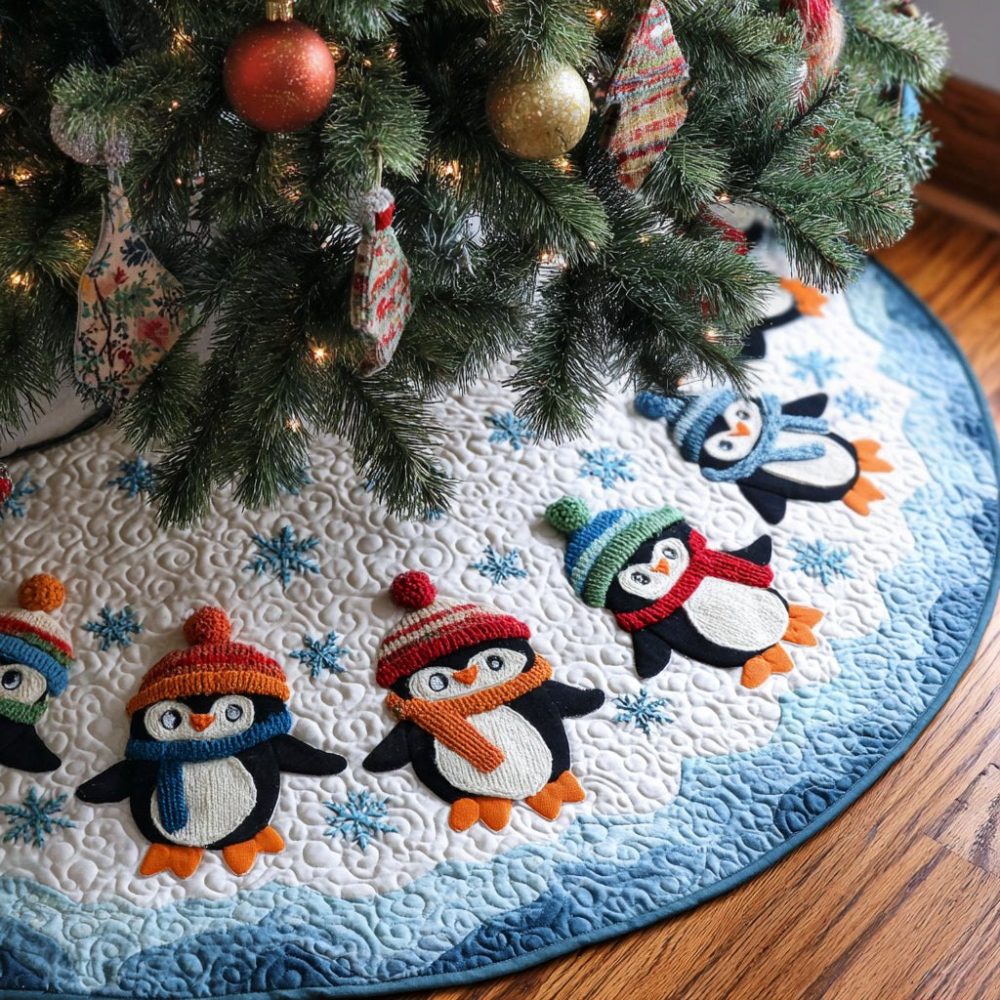 Adorable Ice Penguin Christmas Tree Skirt - Custom Winter Penguin Design, Plush Velvet Tree Base, Cute Holiday Decor & Gift For Families