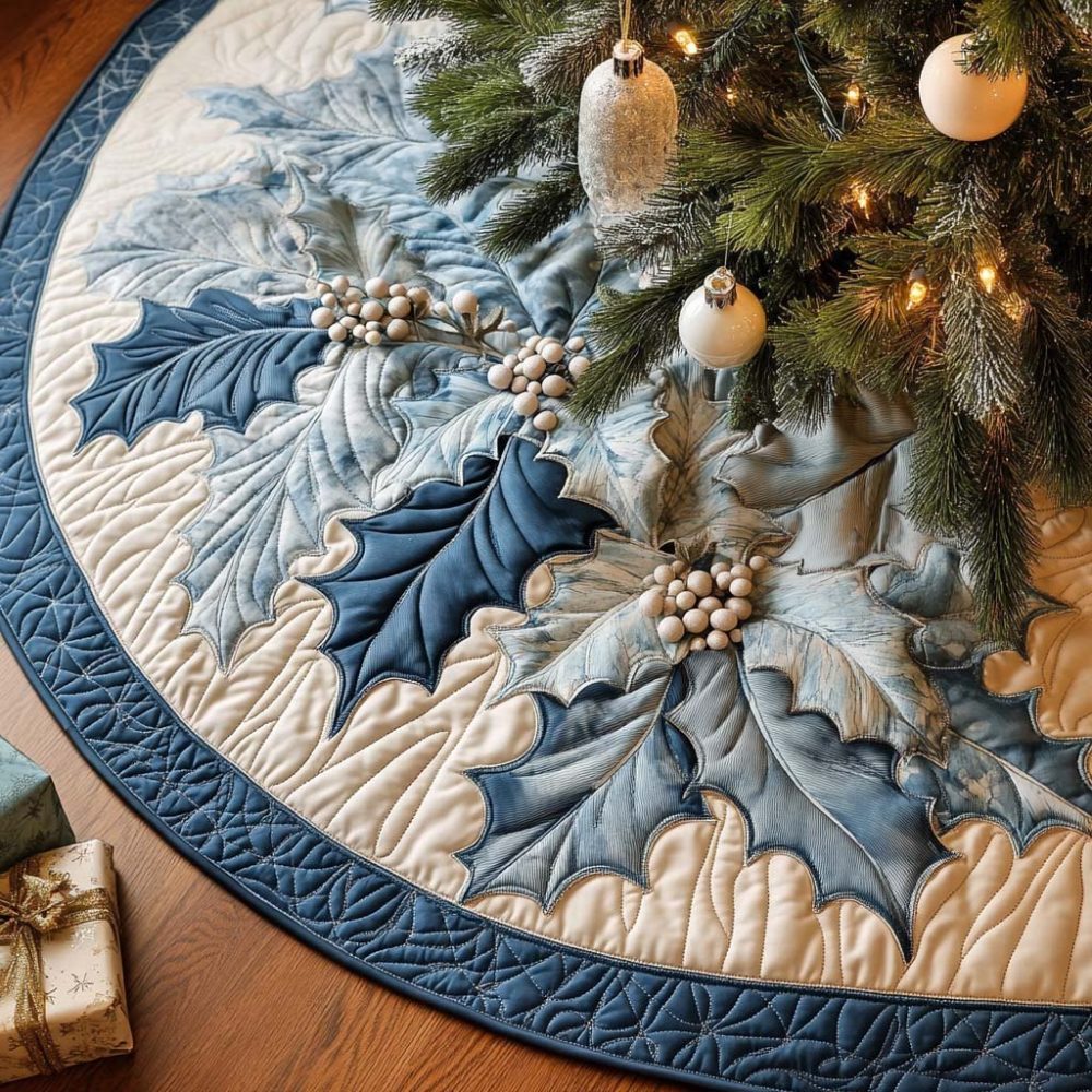 Icy Glow Light-Up Christmas Tree Skirt - Subtle Led Accents, Frosted Winter Design, Custom Plush Tree Base, Battery-Powered Holiday Ambience
