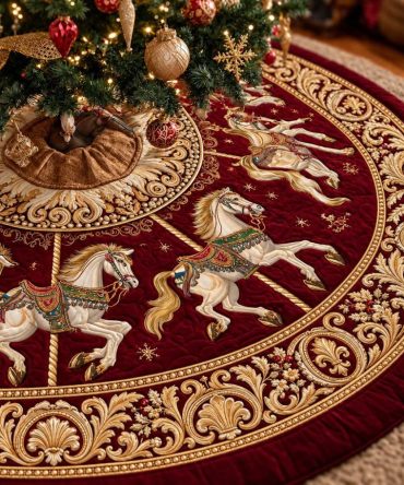 Imperial Carousel Christmas Tree Skirt - Regal Handcrafted Velvet Holiday Skirt With Ornate Carousel Design, Available In Multiple Sizes