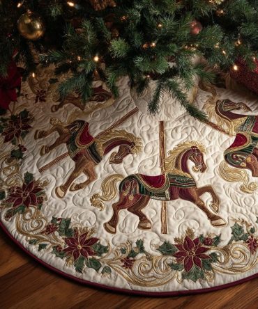 Elegant Ivory Merry-Go-Round Christmas Tree Skirt - Custom Holiday Tree Base, Vintage Carousel Design, Luxurious Velvet Gift
