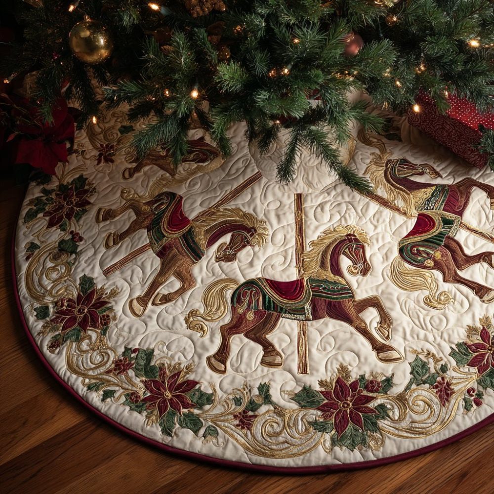Elegant Ivory Merry-Go-Round Christmas Tree Skirt - Custom Holiday Tree Base, Vintage Carousel Design, Luxurious Velvet Gift