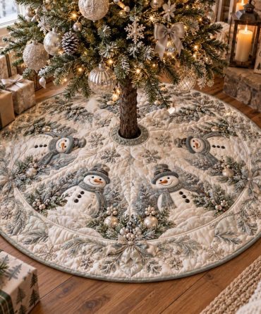 Ivory Winter Snowmen Tree Skirt — Made-To-Order Classic Snowmen Holiday Base Cover, Soft Texture & Personalization