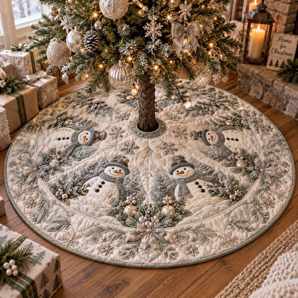 Ivory Winter Snowmen Tree Skirt — Made-To-Order Classic Snowmen Holiday Base Cover, Soft Texture & Personalization