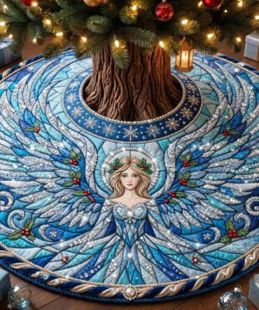 Ice Blue Angel Stained Glass Tree Skirt - Custom Handcrafted Christmas Skirt With Angel In Cool Tones, Elegant Stained-Glass Style Décor
