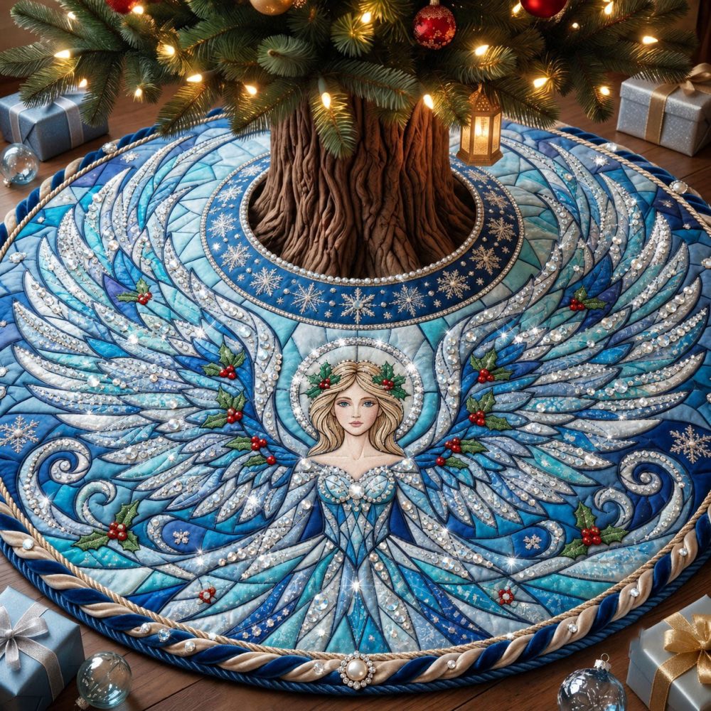 Ice Blue Angel Stained Glass Tree Skirt - Custom Handcrafted Christmas Skirt With Angel In Cool Tones, Elegant Stained-Glass Style Décor