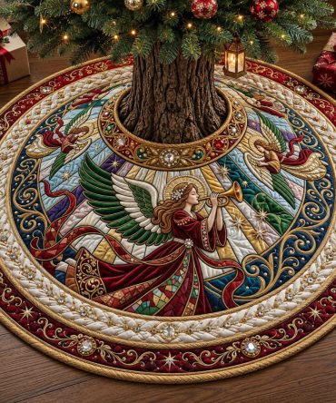 Elegant Gold Trumpet Angel Christmas Tree Skirt — Custom Embroidered Metallic Accent Tree Base Cover, Luxury Holiday Décor, Made-To-Order