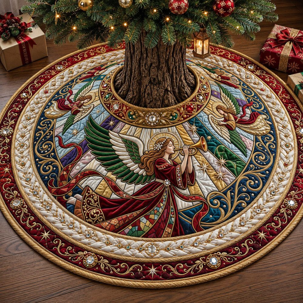 Elegant Gold Trumpet Angel Christmas Tree Skirt — Custom Embroidered Metallic Accent Tree Base Cover, Luxury Holiday Décor, Made-To-Order