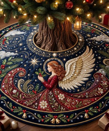 Handcrafted Red Angel & Starry Night Christmas Tree Skirt — Luxury Custom Tree Base Cover, Soft Velvet Holiday Décor, Made-To-Order