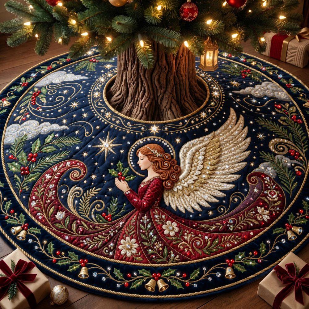 Handcrafted Red Angel & Starry Night Christmas Tree Skirt — Luxury Custom Tree Base Cover, Soft Velvet Holiday Décor, Made-To-Order