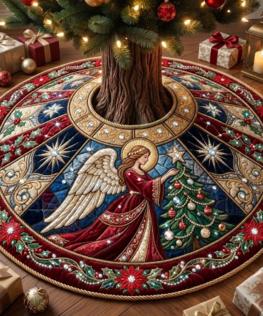 Angel Decorating The Tree Skirt - Custom Nativity-Inspired Christmas Tree Skirt With Angel Motif, Handcrafted Seasonal Home Decor