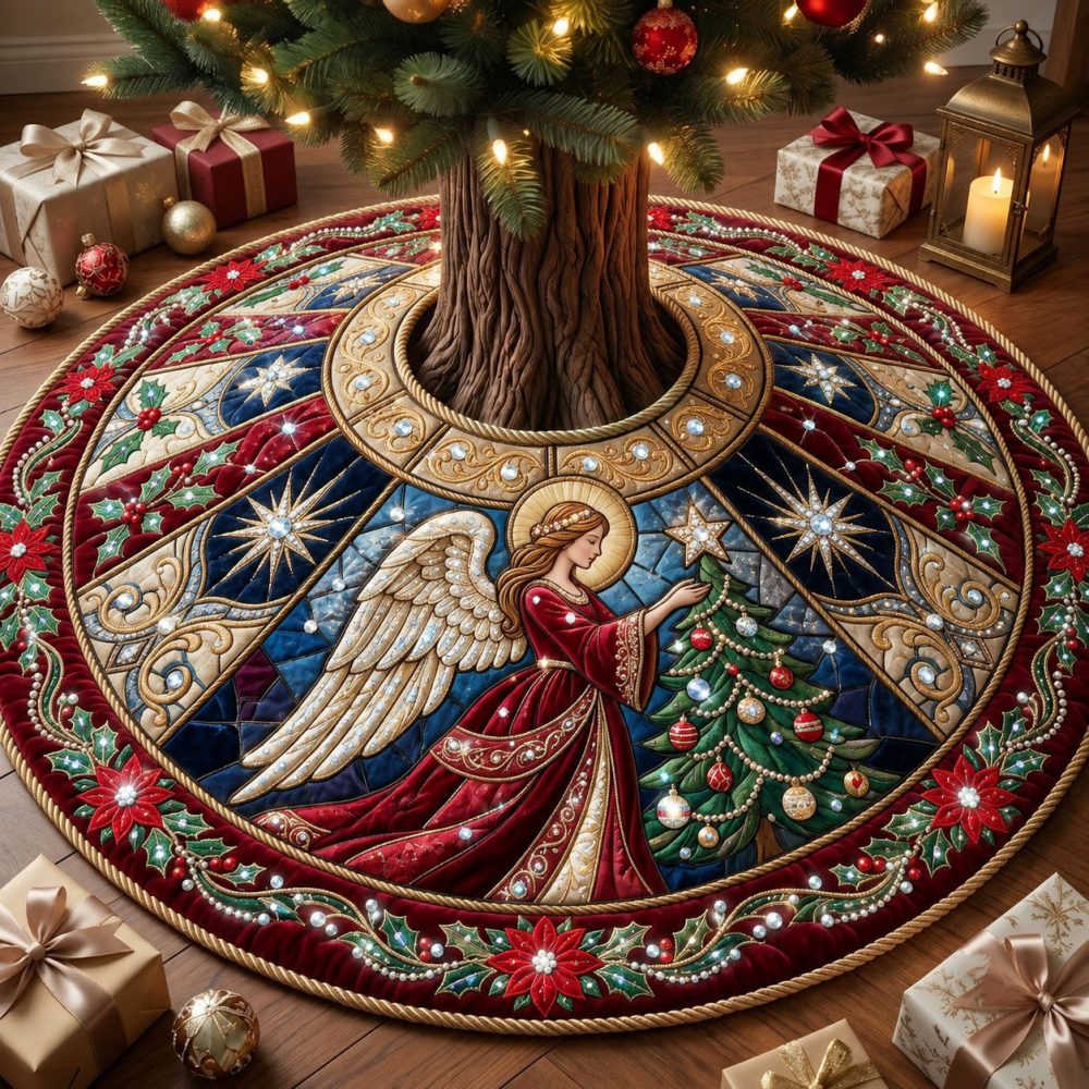 Angel Decorating The Tree Skirt - Custom Nativity-Inspired Christmas Tree Skirt With Angel Motif, Handcrafted Seasonal Home Decor