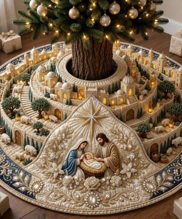 Cream Layered Nativity Village Tree Skirt - Elegant Custom Christmas Skirt With Soft Neutrals, Handcrafted Holiday Mantle Accent