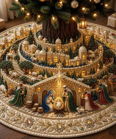 Golden Spiral Nativity Village Tree Skirt - Luxurious Gold-Accent Custom Christmas Skirt With Ornate Nativity Design, Premium Gift
