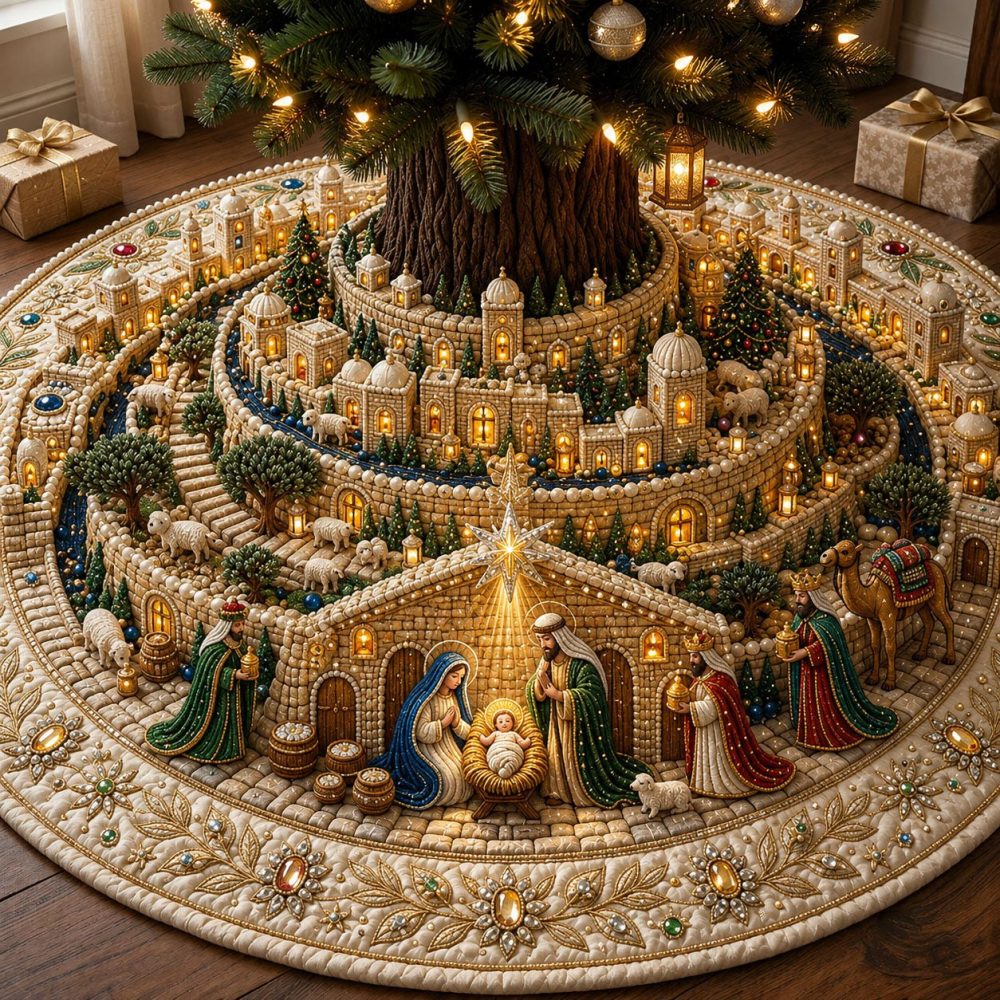Golden Spiral Nativity Village Tree Skirt - Luxurious Gold-Accent Custom Christmas Skirt With Ornate Nativity Design, Premium Gift