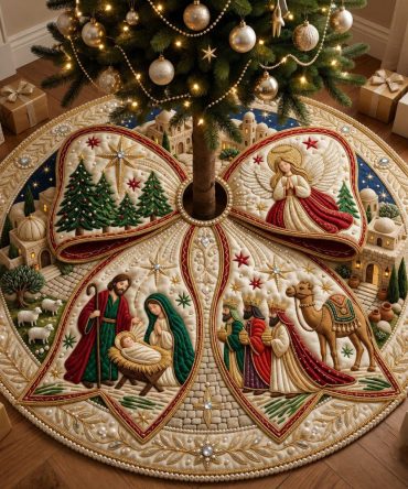 Red Ribbon Nativity Panel Tree Skirt - Festive Custom Christmas Skirt With Bold Red Accents And Classic Nativity Panels, Handcrafted