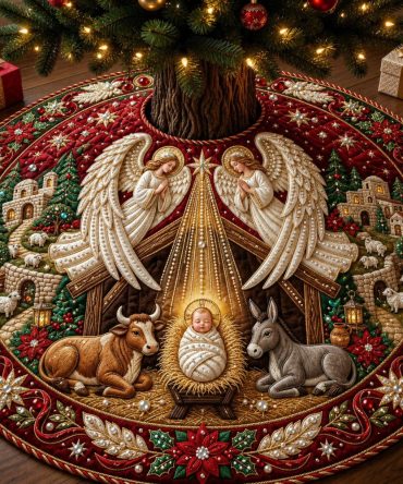 Angel Wings Manger Ox Tree Skirt - Custom Nativity Scene Skirt With Angelic Motifs And Manger Animals, Handcrafted Holiday Centerpiece