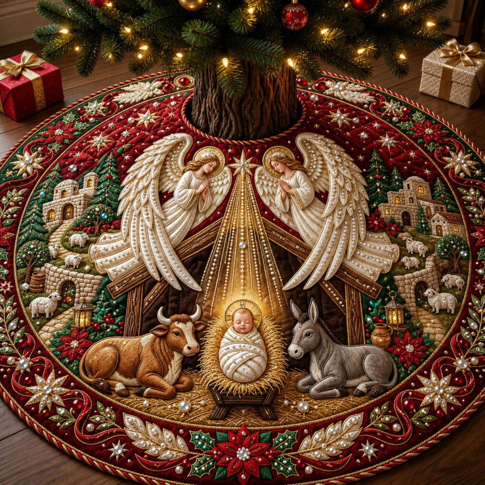 Angel Wings Manger Ox Tree Skirt - Custom Nativity Scene Skirt With Angelic Motifs And Manger Animals, Handcrafted Holiday Centerpiece