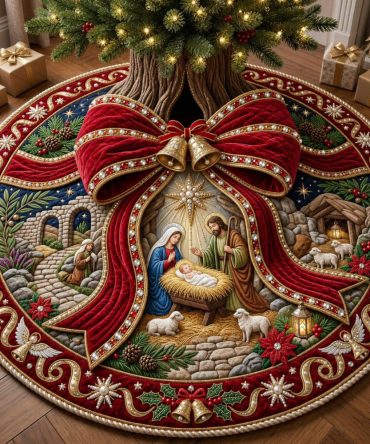 Red Bow & Bell Nativity Tree Skirt - Custom Festive Christmas Skirt With Cheerful Bows, Bells And Nativity Motifs, Handcrafted Clothing For Trees