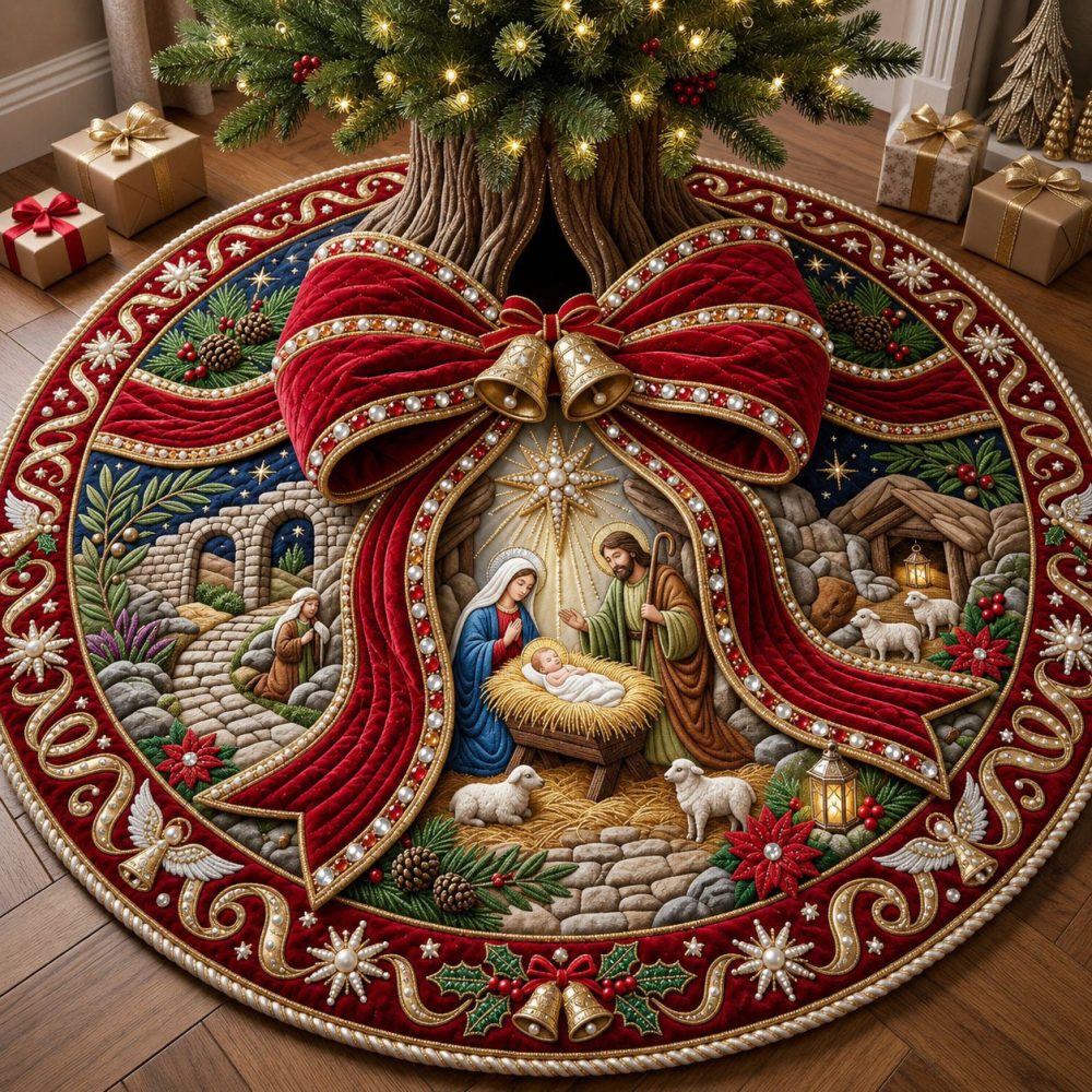 Red Bow & Bell Nativity Tree Skirt - Custom Festive Christmas Skirt With Cheerful Bows, Bells And Nativity Motifs, Handcrafted Clothing For Trees