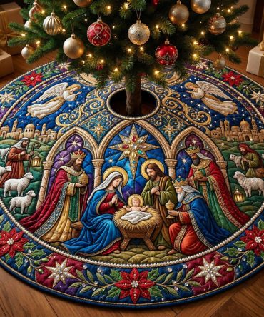 Blue Mosaic Nativity Kings Tree Skirt - Custom Stained-Glass Style Christmas Skirt With Three Kings Motif, Premium Holiday Decor