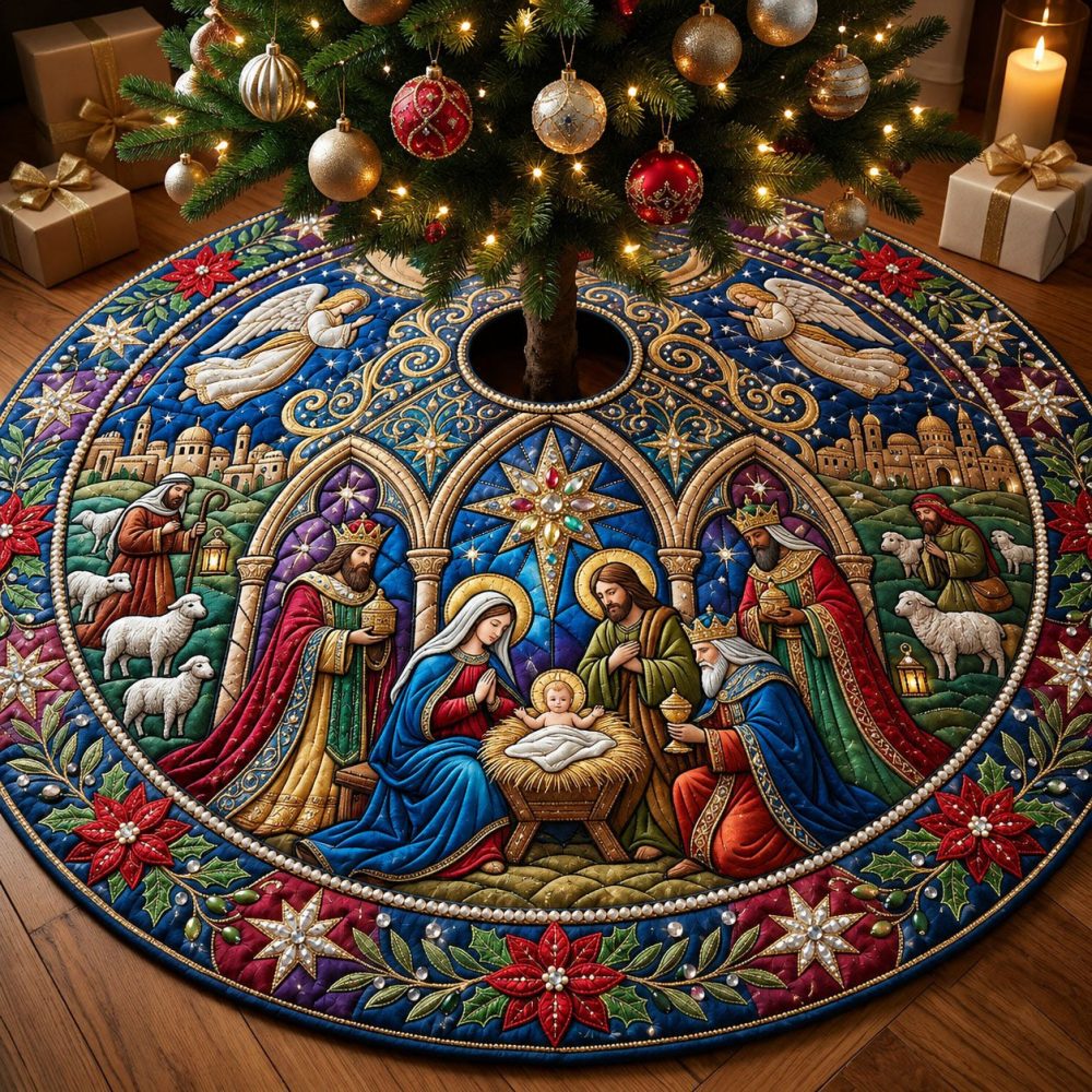 Blue Mosaic Nativity Kings Tree Skirt - Custom Stained-Glass Style Christmas Skirt With Three Kings Motif, Premium Holiday Decor