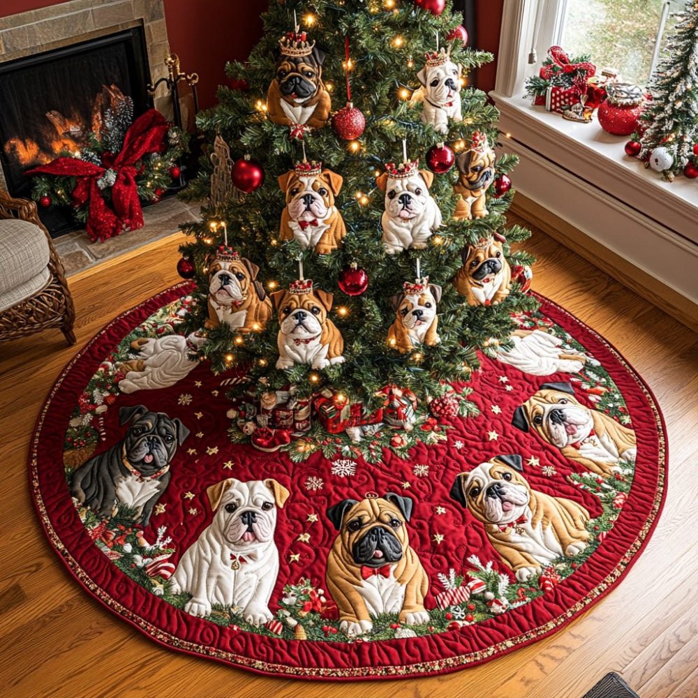 Holiday Bulldog Joy Tree Skirt - Custom Plush Bulldog Christmas Skirt, Personalized Handcrafted Holiday Décor, Premium Gift For Dog Owners