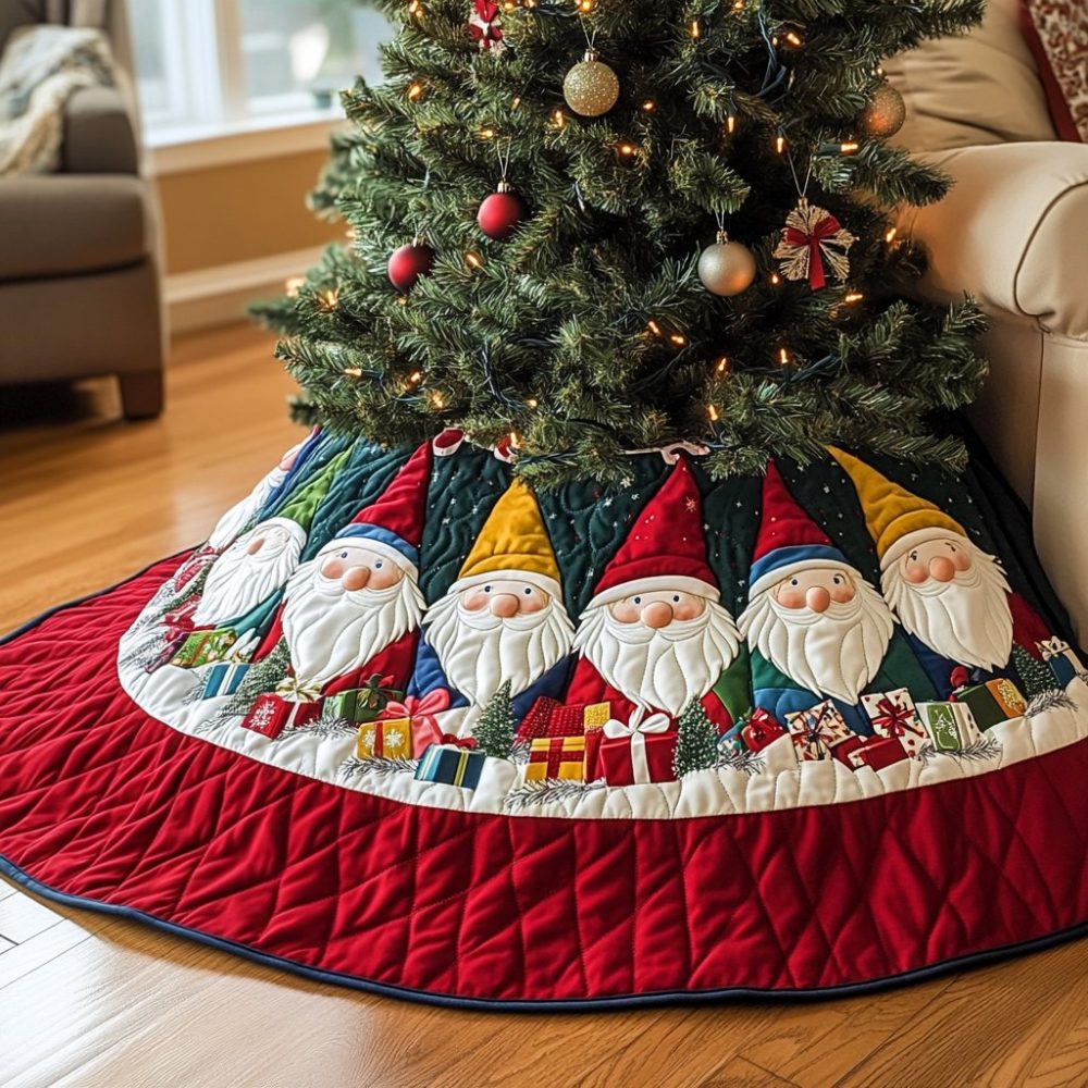 Whimsical Jingle Gnomes Holiday Tree Skirt - Custom Plush Christmas Skirt With Gnome Design, Personalized Seasonal Décor, Handmade