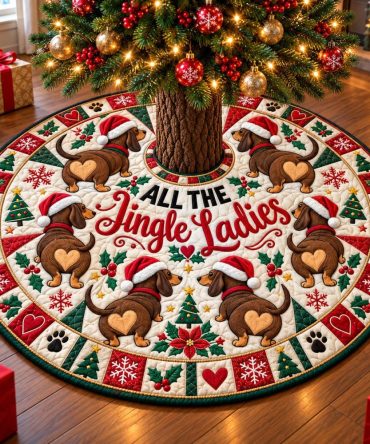 Jingle Ladies Dachshunds Holiday Tree Skirt — Cute Dachshund Christmas Mat With Festive Bell Motif, Custom Sizes, Perfect Pet Lover Gift
