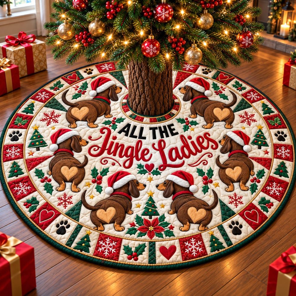 Jingle Ladies Dachshunds Holiday Tree Skirt — Cute Dachshund Christmas Mat With Festive Bell Motif, Custom Sizes, Perfect Pet Lover Gift
