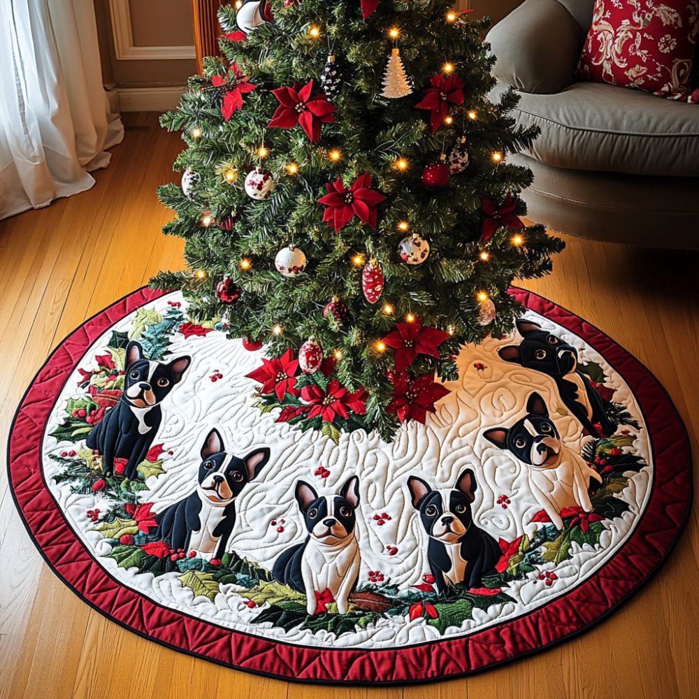 Custom Handsewn Boston Terrier Holiday Tree Skirt - Plush Personalized Christmas Tree Skirt, Unique Dog Lover Gift, Made To Order