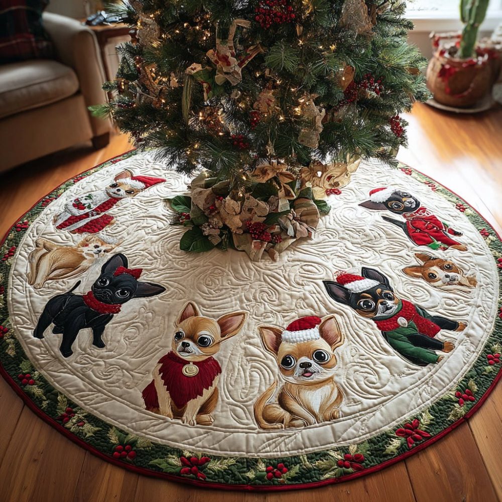 Tiny Chihuahua Holiday Tree Skirt — Handmade Custom Chihuahua Christmas Skirt, Adorable Petite Pet-Themed Seasonal Décor