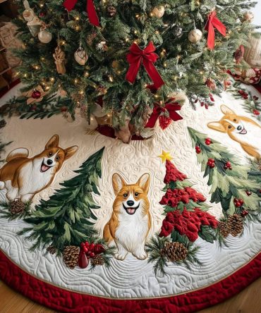 Corgi Ride Holiday Tree Skirt — Handmade Custom Corgi Christmas Skirt With Playful Design, Personalized For Pet Lovers