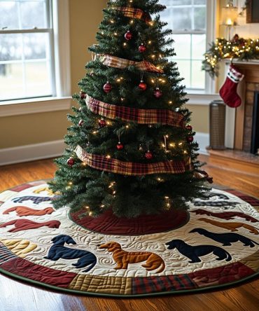 Doxie Glow Holiday Tree Skirt — Handmade Custom Dachshund Christmas Skirt With Playful Design, Perfect For Pet Lovers