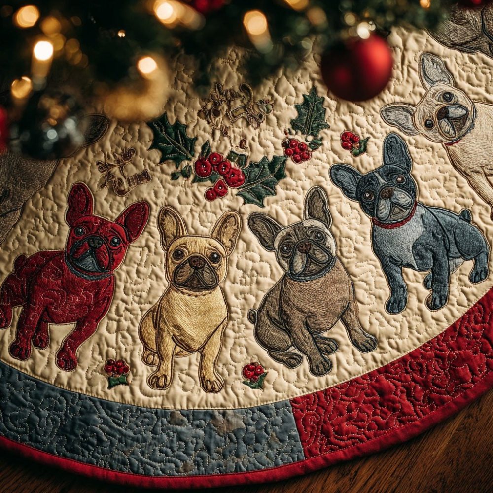 Frenchie Claus Holiday Tree Skirt — Custom Handmade French Bulldog Christmas Tree Cover, Cute Breed-Themed Festive Décor