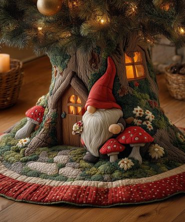 Cozy Gnome Retreat Tree Skirt — Custom Handmade Christmas Tree Cover, Personalized Holiday Décor For Warm Seasonal Displays